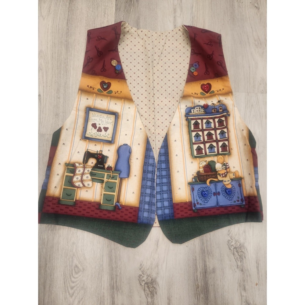 Hand Stitched Open Vest Sewing Country Cats Cottagecore Grandmacore Size Medium?